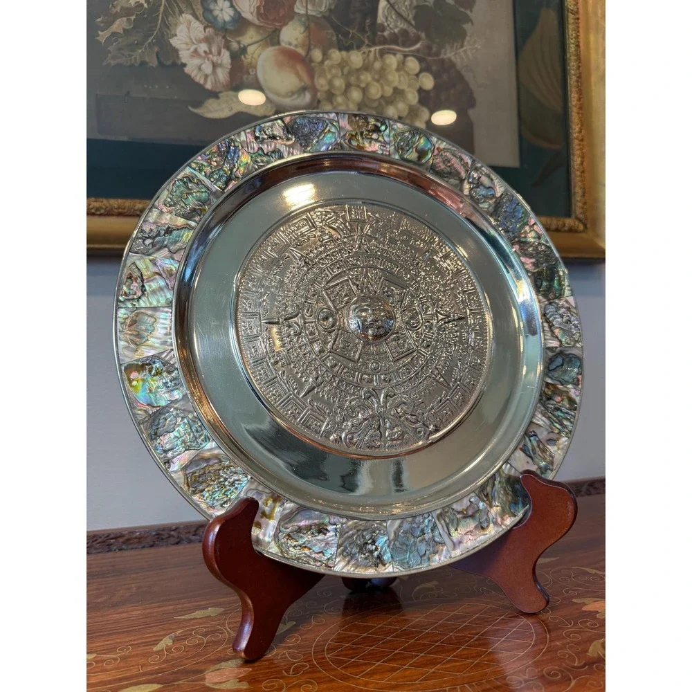 Vintage Aztec Calendar Wall‎ Plate - Alpaca Mexico Silver with Abalone Inlay